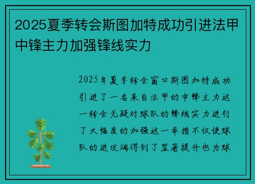 2025夏季转会斯图加特成功引进法甲中锋主力加强锋线实力